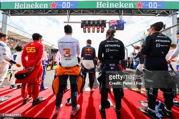 Carlos Sainz of Ferrari and Spain, Daniel Ricciardo of Australia and McLaren, Max Verstappen of Red Bull Racing and The Netherlands, Lewis Hamilton...