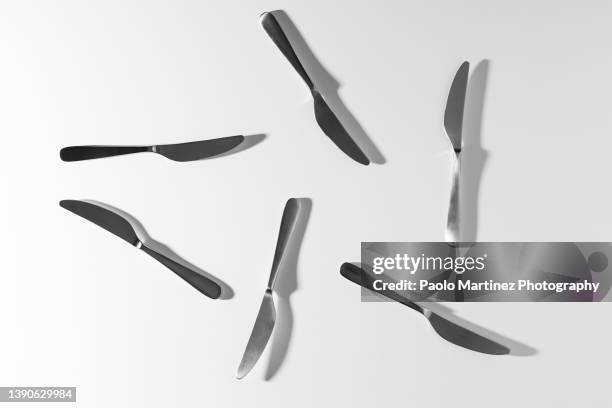 group of kitchen knifes on white background - silverware pattern stock pictures, royalty-free photos & images