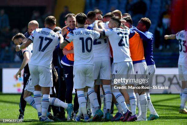 Adam Marusic of SS Lazio celebrates a opening goal with his team mates during the Serie A match between Genoa CFC v SS Lazio on April 10, 2022 in...