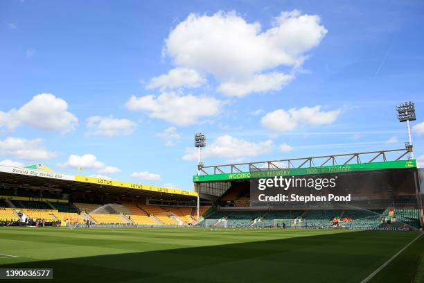 General view inside the stadium prior to the Premier League match between Norwich City and Burnley at Carrow Road on April 10, 2022 in Norwich,...