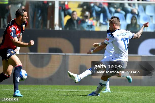 Ciro Immobile of SS Lazio scores a second goal during the Serie A match between Genoa CFC v SS Lazio on April 10, 2022 in Genoa, Italy.