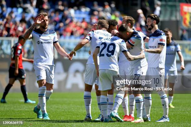 Ciro Immobile of SS Lazio celebrates a second goal with his team mates during the Serie A match between Genoa CFC v SS Lazio on April 10, 2022 in...