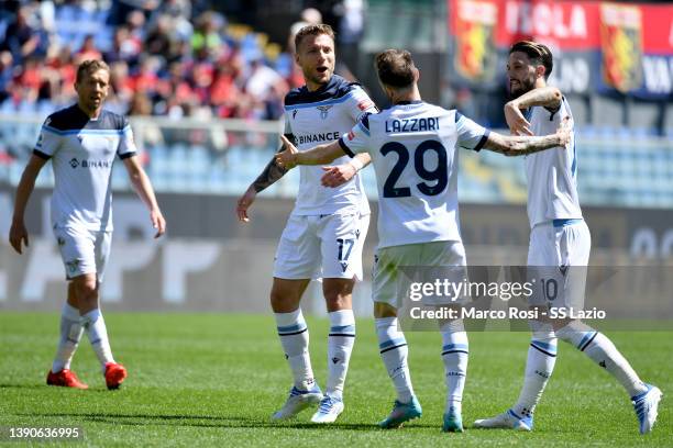 Ciro Immobile of SS Lazio celebrates a second goal with his team mates during the Serie A match between Genoa CFC v SS Lazio on April 10, 2022 in...