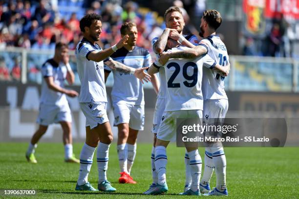 Ciro Immobile of SS Lazio celebrates a second goal with his team mates during the Serie A match between Genoa CFC v SS Lazio on April 10, 2022 in...