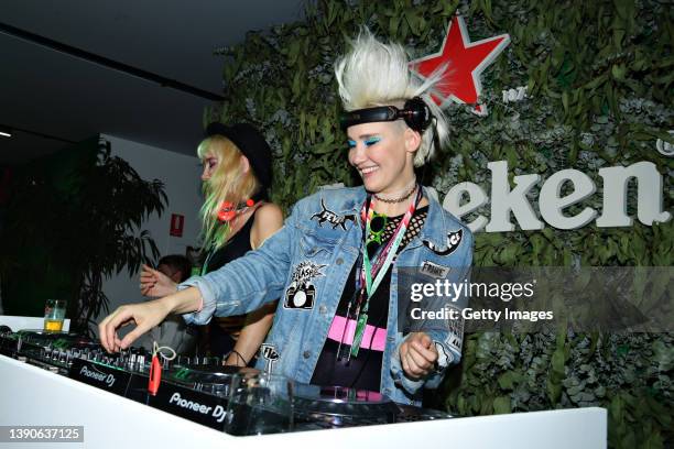 Australian DJ duo Nervo perform a DJ set for Heineken during the F1 Grand Prix of Australia at Melbourne Grand Prix Circuit on April 10, 2022 in...