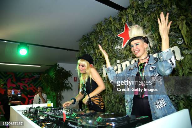 Australian DJ duo Nervo perform a DJ set for Heineken during the F1 Grand Prix of Australia at Melbourne Grand Prix Circuit on April 10, 2022 in...