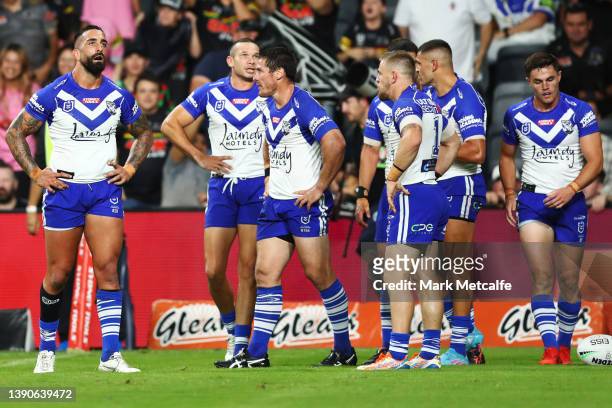 Bulldogs look dejected after conceding a try during the round five NRL match between the Canterbury Bulldogs and the Penrith Panthers at CommBank...