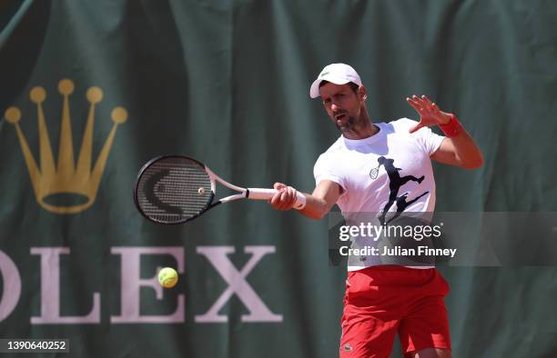 Novak Djokovic of Serbia practices during day one of the Rolex Monte-Carlo Masters at Monte-Carlo Country Club on April 10, 2022 in Monte-Carlo,...