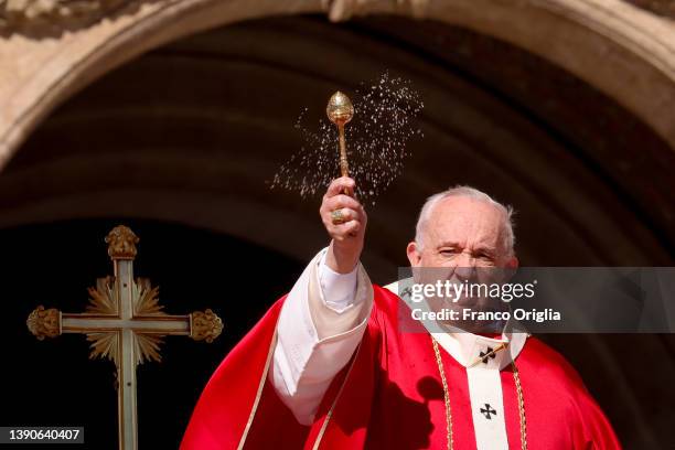 Pope Francis blesses palms during the Sunday Palm Mass at St. Peter's Square on April 10, 2022 in Vatican City, Vatican. Palm Sunday is a Christian...