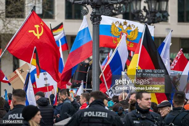 People gather to show their support for Russia at a demonstration that was taking place under the motto "Against Baiting And Discrimination of...