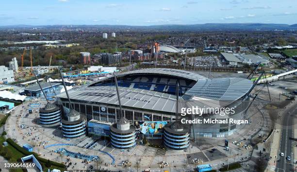 An aerial view of Etihad Stadium prior to the Premier League match between Manchester City and Liverpool at Etihad Stadium on April 10, 2022 in...