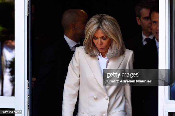 French First Lady Brigitte Macron salutes the crowd as she arrives to the poll station on April 10, 2022 in Le Touquet-Paris-Plage, France. Nearly 50...