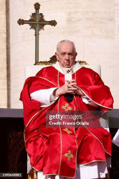 Pope Francis attends the Sunday Palm Mass at St. Peter's Square on April 10, 2022 in Vatican City, Vatican. Palm Sunday is a Christian moveable feast...