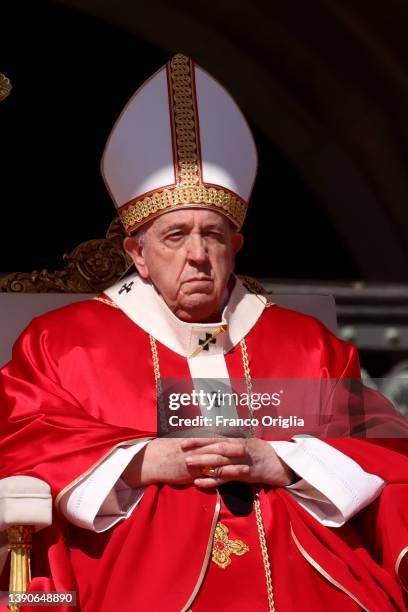 Pope Francis attends the Sunday Palm Mass at St. Peter's Square on April 10, 2022 in Vatican City, Vatican. Palm Sunday is a Christian moveable feast...