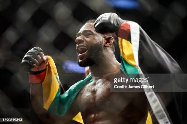 Aljamain Sterling celebrates after his UFC bantamweight championship fight against Petr Yan of Russia during the UFC 273 event at VyStar Veterans...