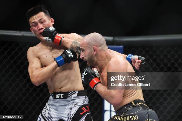 Alexander Volkanovski of Australia punches Chan Sung Jung of South Korea in their featherweight title fight during the UFC 273 event at VyStar...