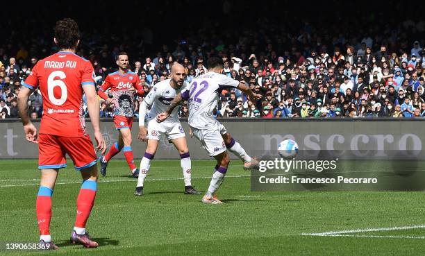 Nicolas Gonzalez of Fiorentina scores their sides first goal during the Serie A match between SSC Napoli and ACF Fiorentina at Stadio Diego Armando...