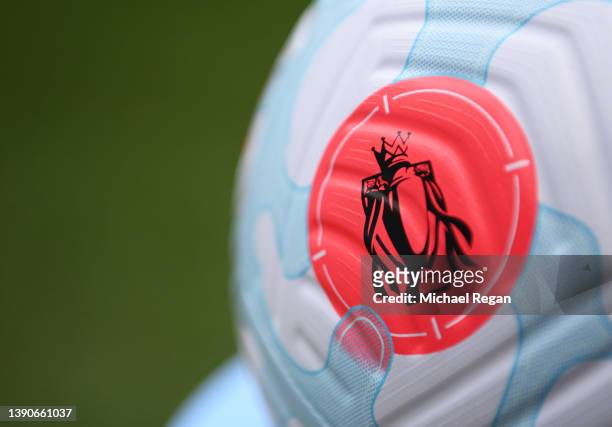 Detailed view of a Premier League match ball prior to the Premier League match between Manchester City and Liverpool at Etihad Stadium on April 10,...