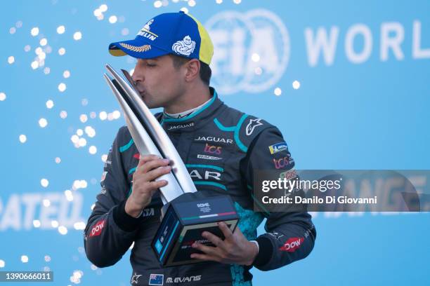 Mitch Evans of Jaguar Racing celebrates victory in the ABB FIA Formula E World Championship - Rome E-Prix Round Four on April 10, 2022 in Rome, Italy.