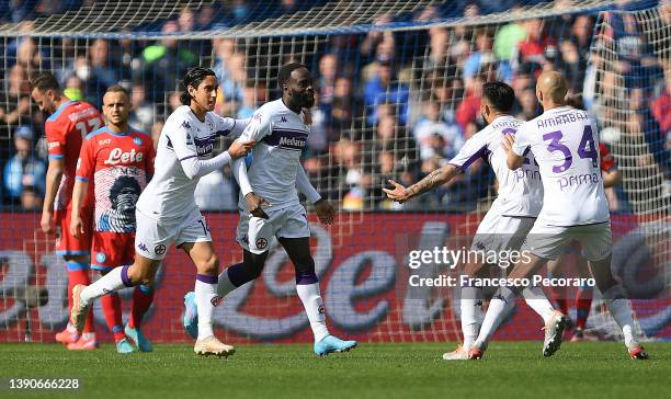 Jonathan Ikone of Fiorentina celebrates with team mates after scoring their side's second goal prior to the Serie A match between SSC Napoli and ACF...