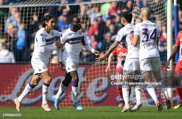 Jonathan Ikone of Fiorentina celebrates with team mates after scoring their side's second goal prior to the Serie A match between SSC Napoli and ACF...
