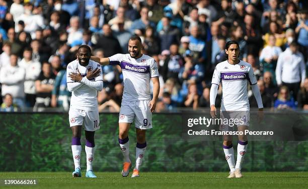 Jonathan Ikone of Fiorentina celebrates with Arthur Cabral after scoring their side's second goal prior to the Serie A match between SSC Napoli and...