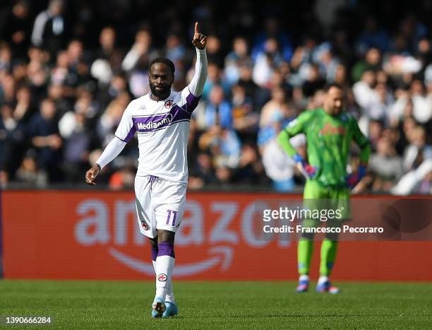 Jonathan Ikone of Fiorentina celebrates after scoring their side's second goal prior to the Serie A match between SSC Napoli and ACF Fiorentina at...