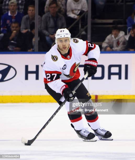 Dylan Gambrell of the Ottawa Senators skates against the New York Rangers at Madison Square Garden on April 09, 2022 in New York City. The Rangers...