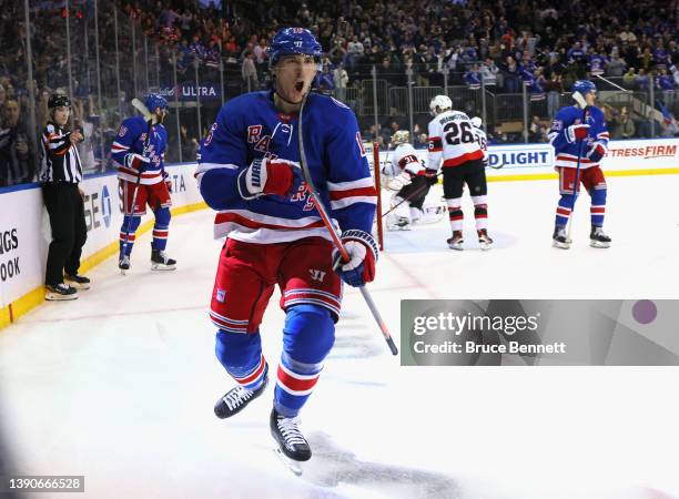 Ryan Strome of the New York Rangers celebrates his second period goal as he scores his 350th NHL point against the Ottawa Senators at Madison Square...