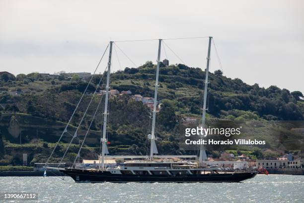 The 305-feet three-masted Bermuda rigged schooner Eos sails on the Tagus River on her way to harbor on April 03, 2022 in Lisbon, Portugal. Eos is one...