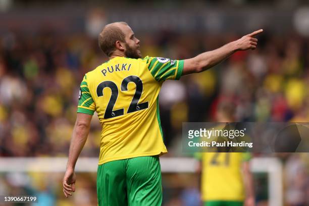 Teemu Pukki of Norwich City celebrates after scoring their sides second goal during the Premier League match between Norwich City and Burnley at...
