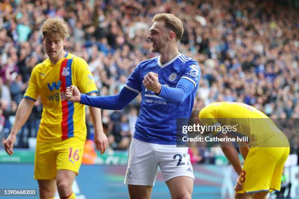 Kiernan Dewsbury-Hall of Leicester City celebrates their sides victory at full time after the Premier League match between Leicester City and Crystal...