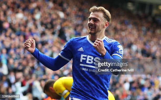 Kiernan Dewsbury-Hall of Leicester City celebrates their side's victory after the Premier League match between Leicester City and Crystal Palace at...