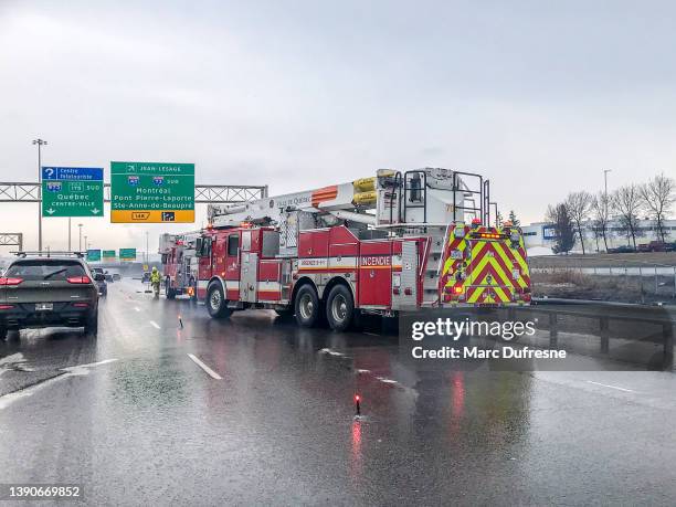 firetruck on highway in front of car accident - firefighters in the shower stock pictures, royalty-free photos & images