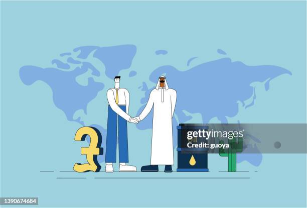 businessman exchanging pounds for oil with arab man money. - pound unit of mass 幅插畫檔、美工圖案、卡通及圖標