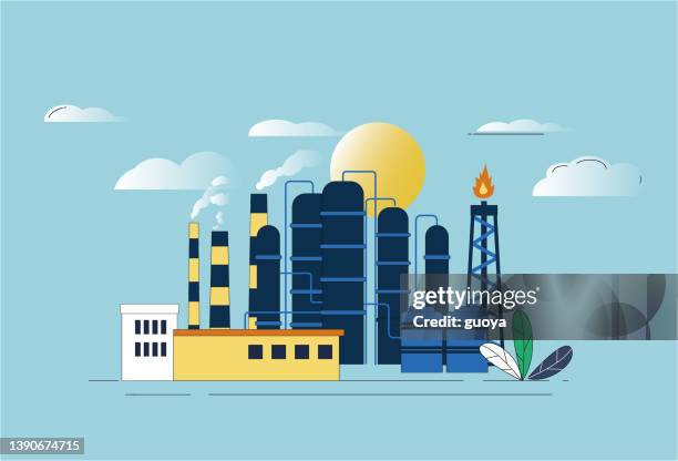 stockillustraties, clipart, cartoons en iconen met crude oil processing plant. - chemische fabriek