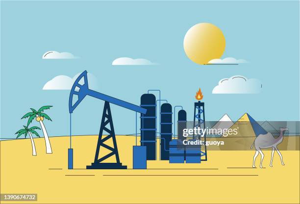 camels, cacti, sun, pyramids, water, oil extraction. - ground heating pump stock illustrations