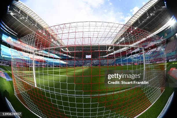 General view inside the stadium prior to the Bundesliga match between RB Leipzig and TSG Hoffenheim at Red Bull Arena on April 10, 2022 in Leipzig,...