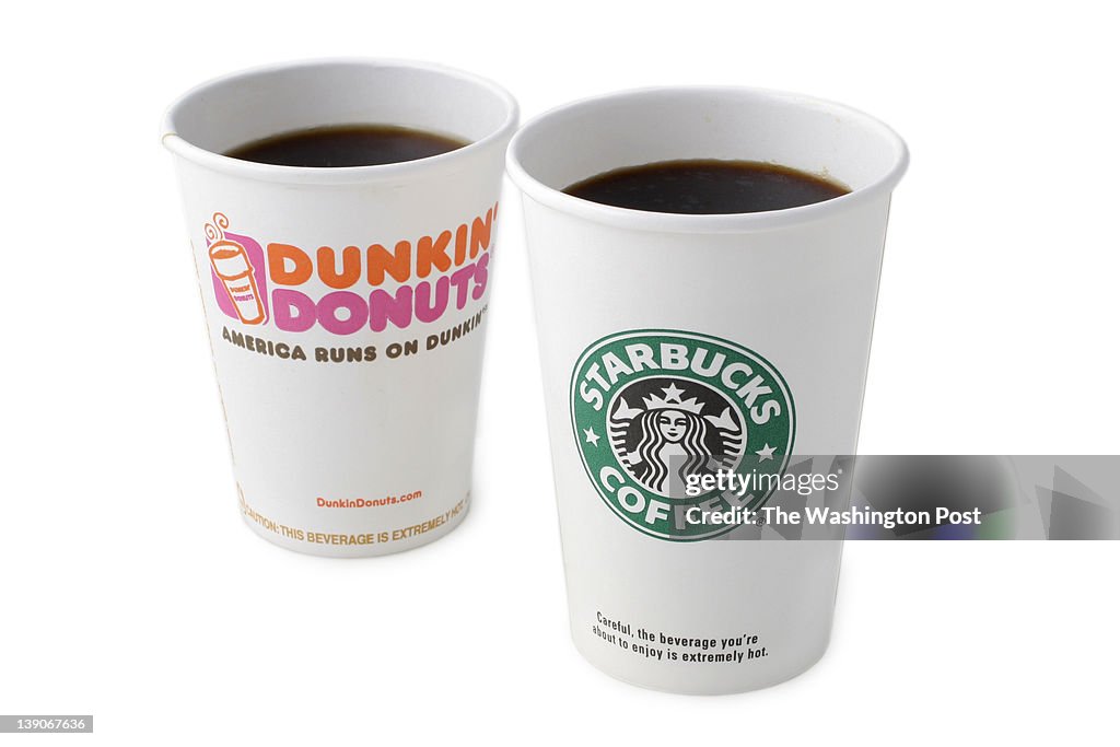 Dunkin' Donuts and Starbucks coffee cups...