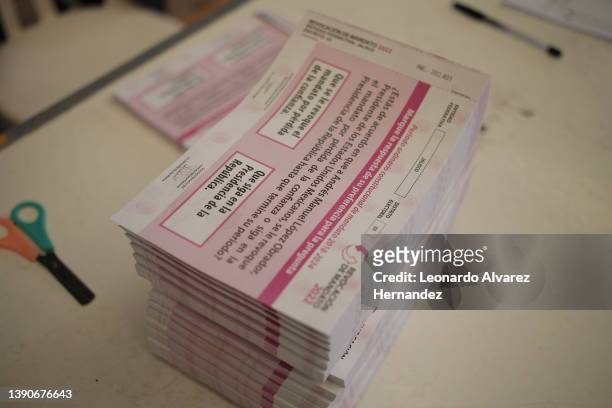 Stack of ballots is seen during the first referendum in the country On April 10, 2022 in Guadalajara, Mexico. Mexicans with valid voting credentials...