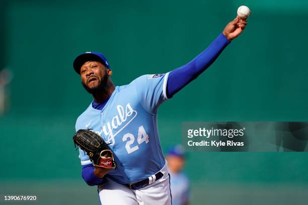 Amir Garrett of the Kansas City Royals makes his MLB debut pitching against the Cleveland Guardians during the seventh inning at Kauffman Stadium on...
