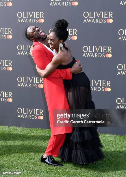 Tosh Wanogho-Maud and Carly Mercedes Dyer attend The Olivier Awards 2022 with MasterCard at the Royal Albert Hall on April 10, 2022 in London,...
