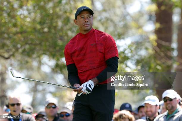 Tiger Woods follows his shot from the fourth tee during the final round of the Masters at Augusta National Golf Club on April 10, 2022 in Augusta,...