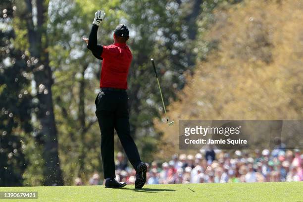 Tiger Woods reacts to his shot on the fifth hole during the final round of the Masters at Augusta National Golf Club on April 10, 2022 in Augusta,...