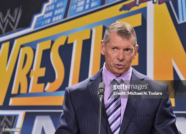 Vince McMahon attends a press conference to announce that WWE Wrestlemania 29 will be held at MetLife Stadium in 2013 at MetLife Stadium on February...