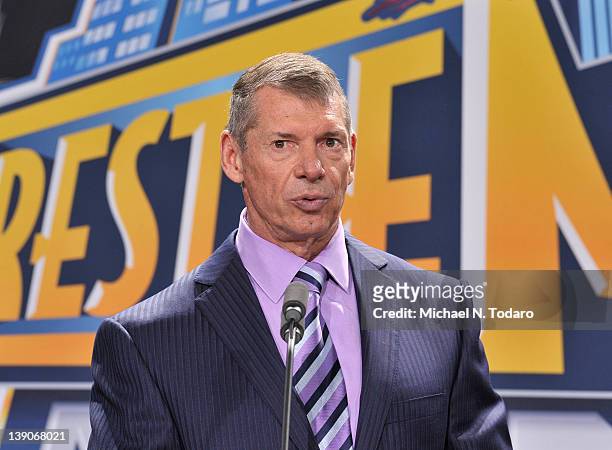 Vince McMahon attends a press conference to announce that WWE Wrestlemania 29 will be held at MetLife Stadium in 2013 at MetLife Stadium on February...