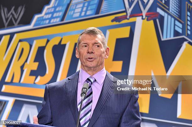 Vince McMahon attends a press conference to announce that WWE Wrestlemania 29 will be held at MetLife Stadium in 2013 at MetLife Stadium on February...