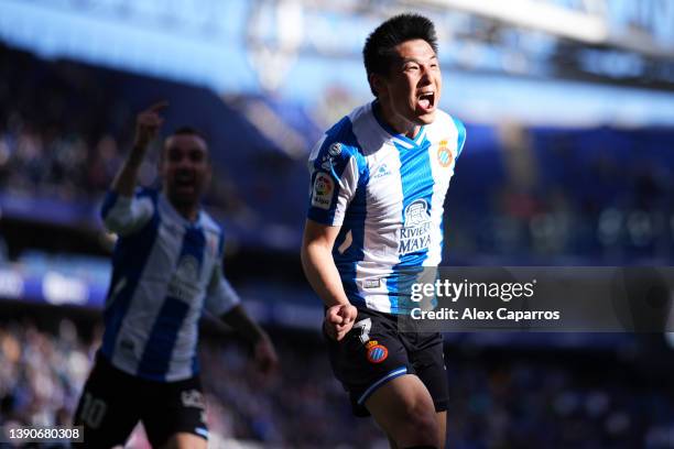 Wu Lei of Espanyol celebrates scoring the winning goal during the La Liga Santander match between RCD Espanyol and RC Celta de Vigo at RCDE Stadium...