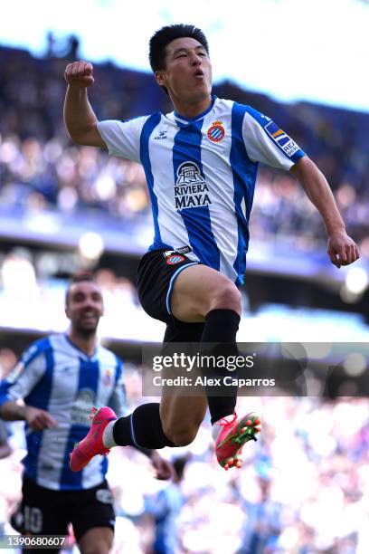 Wu Lei of Espanyol celebrates scoring the winning goal during the La Liga Santander match between RCD Espanyol and RC Celta de Vigo at RCDE Stadium...