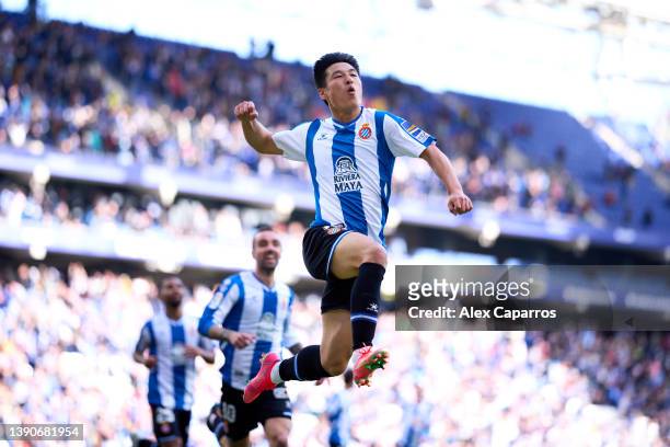 Wu Lei of RCD Espanyol celebrates after scoring his team's first goal during the La Liga Santander match between RCD Espanyol and RC Celta de Vigo at...